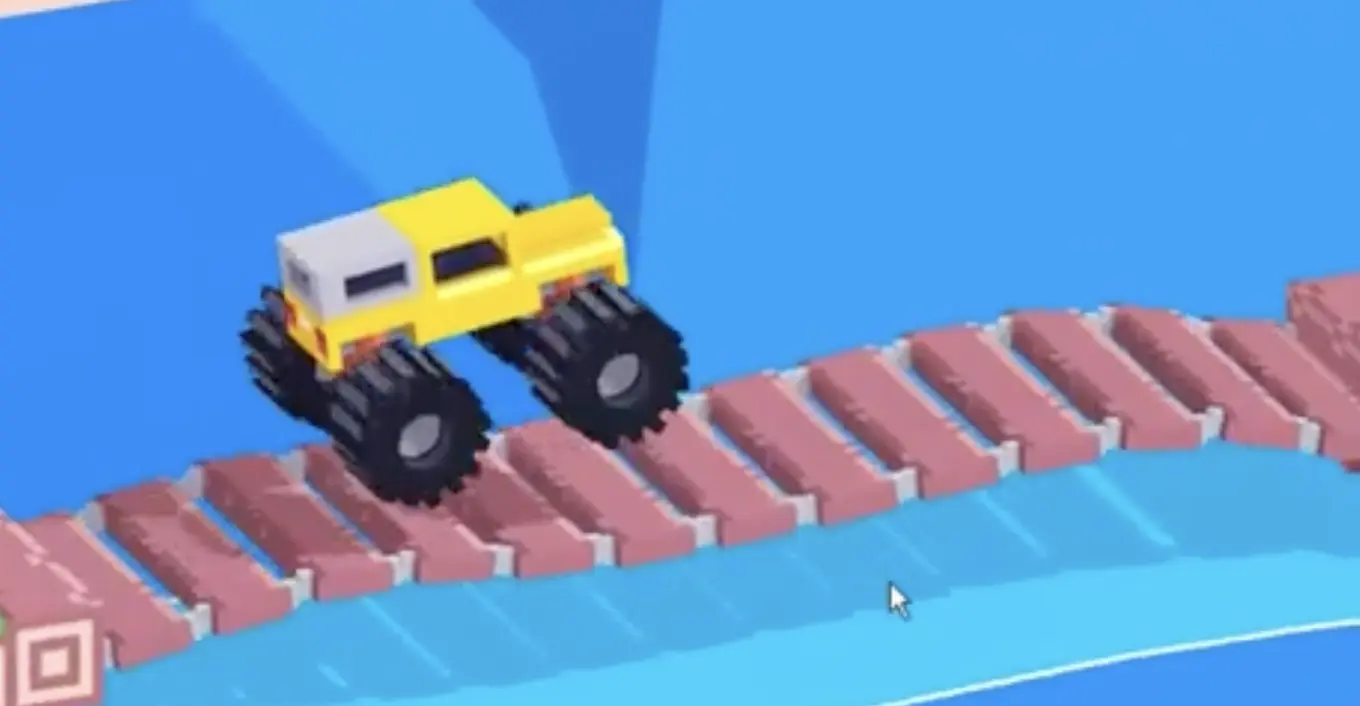 Drive Mad level 127 truck touching down on the segmented bridge and accelerating during normal gravity