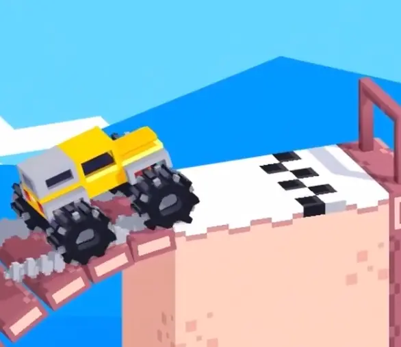 Drive Mad level 55 yellow truck making a full-speed climb up the final snowy slope toward the finish
