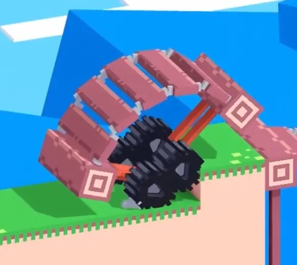 Drive Mad level 89 flexible truck compressing its segmented body against the central wall to lift the front wheels upward